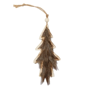 Wooden Christmas tree pendant with faux fur in brown and natural wood color tones