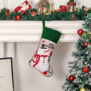 Festive Christmas stocking with snowman design and Merry Christmas text on mantelpiece