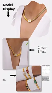 Detailed view of square geometric gemstone necklace and bracelets on professional model