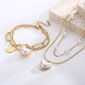 Layered Heart Pendant Necklace And Bracelet Jewelry Stainless Steel Gold Plated Faux Artificial Pearl Elegant Sweet For Women