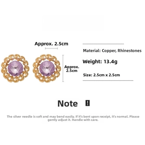 Detailed specs of retro gold chain earrings with purple crystal and silver needles