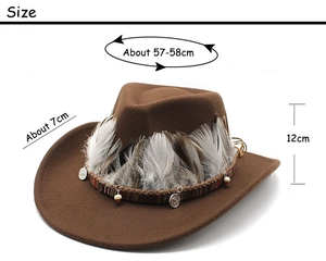 Size diagram of brown wool cowboy hat with feathers: 57-58cm crown and 7cm brim width
