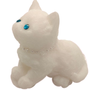Cute white flocked cat figurine with blue eyes and pearl collar for desk decoration