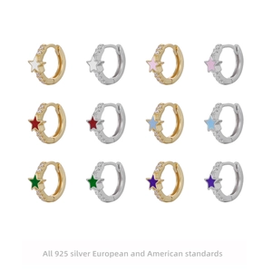 S925 Sterling Silver Star Hoop Earrings Colorful Enamel Five Pointed Star Rhinestone Fashion Jewelry For Women Girl Gift