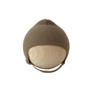 Minimalist baby knitted earflap beanie in earthy brown with adjustable chin strap