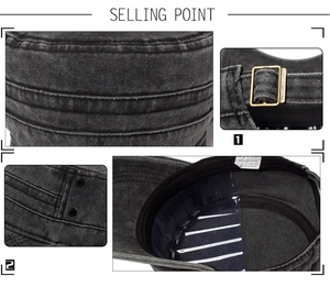 Detail of washed cotton military cap with metal air holes and adjustable buckle strap