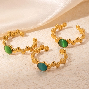 French retro 18K gold plated titanium ring with textured band and green cat eye stone