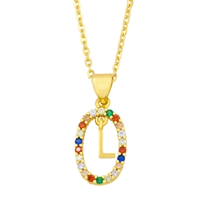 Macro detail of gold-plated pendant with rainbow cubic zirconia and letter L