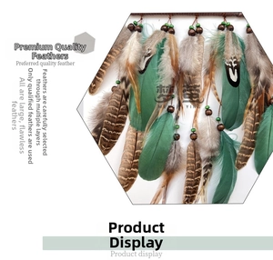 Detail of natural green and striped feathers with dark wooden beads for dreamcatcher
