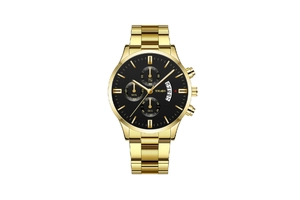 Detail of YOLAKO gold steel watch showing three sub-dials and date window