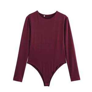 Women's burgundy long sleeve crew neck bodysuit with snap closure in knit cotton blend