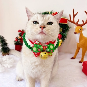 Detail of hand-knitted Christmas pet collar with a large golden bell and festive bow