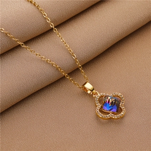 Golden 18k gold plated necklace with blue heart-shaped clover crystal pendant