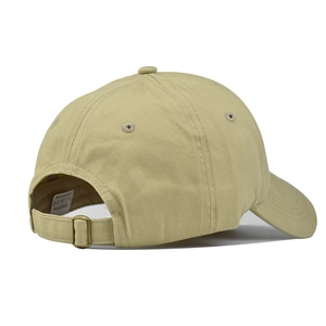 Detail view of khaki cotton baseball cap with adjustable metal buckle and stitching