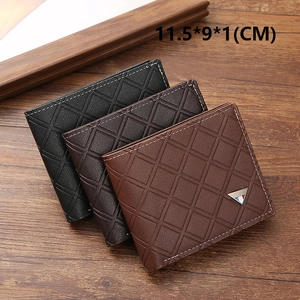 Men's slim bifold wallet with grid pattern and metal logo in black and brown leather
