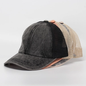 Stacked distressed denim baseball caps with mesh back in dark gray, orange and beige colors