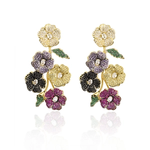 French-style floral drop earrings with multicolored zircons and gold-plated finish