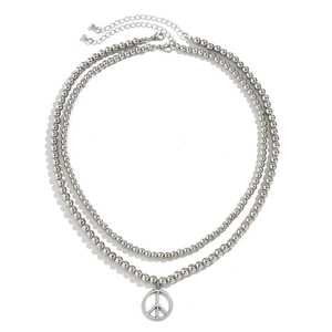 Silver double-layer beaded chain necklace featuring a peaceful symbol pendant