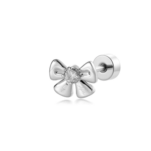 Silver bow stud earring with sparkling round crystal and secure screw-back closure