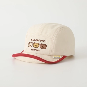 Detail of soft cotton baby baseball cap with three embroidered bears and contrast brim