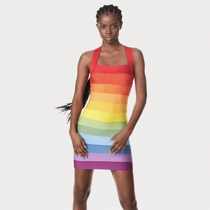 Robe Courte Moulante À Bandage Rayures Arc-En-Ciel Dégradé Sexy Dos Nu Sans Manches Clubwear Femme