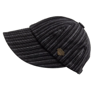 Classic black and white pinstripe newsboy cap with vintage metal badge side profile