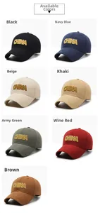 Detail showing the six-panel cotton canvas baseball caps with 3D CHINA embroidery in seven colors