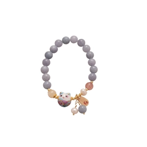 Elegante bracciale di perle con ciondolo gatto Maneki Neko e amuleto portafortuna 福