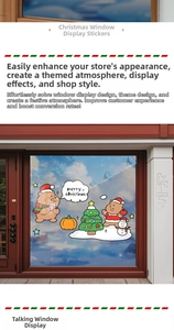 Detail view of festive Christmas window stickers with cartoon bears and a decorated tree