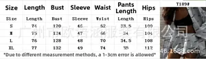 Size chart for printed long sleeve top and high waist shorts set with measurements