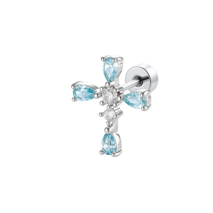 Silver cross stud earring featuring light blue pear-shaped zircon and clear round gems