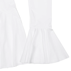 Detailed view of white flared sleeve cuffs with ruffled edges and smooth fabric texture