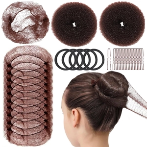 Macro view of brown hair bun maker kit including nets, donut tools and U-shaped pins