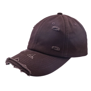 Distressed cotton baseball cap in dark coffee brown with vintage ripped edge details