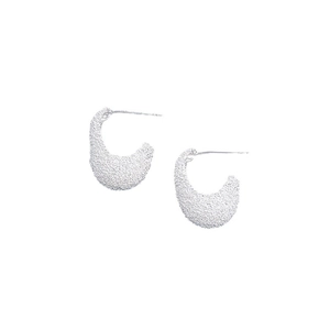 Silver frosted C-shaped geometric stud earrings with sparkling sand finish texture