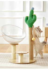 Detail view of a cat tree with cactus scratching post and transparent space capsule bed
