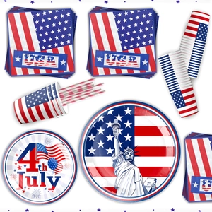 Close-up of USA 4th of July party set including paper plates, cups and napkins