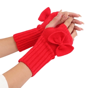 Short red knitted fingerless gloves with bow detail and ribbed cuffs for women