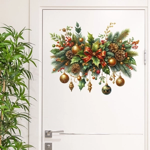 Christmas Wall Sticker PVC Waterproof Self-Adhesive Window Decal Holiday Ball Bow Pine Cone Home Door Decor