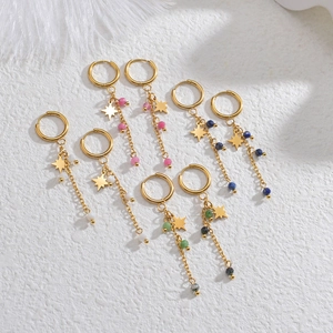 14K gold plated stainless steel star hoop earrings with colorful beads and long tassels