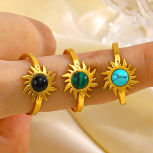 Gold sunflower open rings with obsidian, malachite, and turquoise insets for women