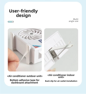 Detail view of mini car air conditioner models showing vent clip and adhesive base