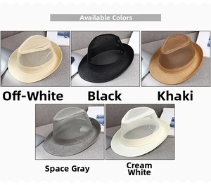 Collage of breathable mesh fedora hats in cream, black, khaki, grey, and white