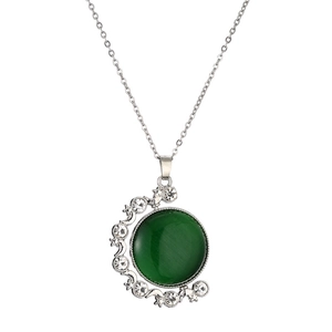 Fashionable rotating pendant necklace with green cat-eye stone and crystal accents
