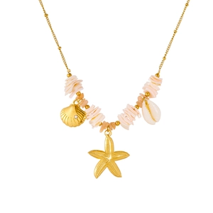 Golden starfish and shell pendant necklace with beach beads on minimalist chain