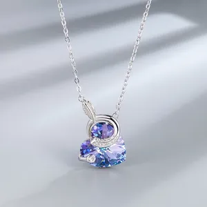 925 Sterling Silver Heart Pendant Necklace For Women Elegant Gradient Crystal Feather Charm Necklace Fine Jewelry Gift