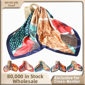 Detailed size chart showing 90x90cm dimensions for a multi-colored geometric silk scarf