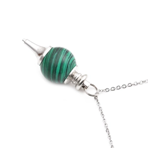 Silver chain necklace with a round green malachite bead pendant on a white background