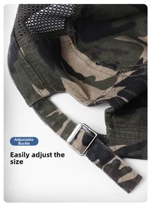 Detail of adjustable metal buckle and camouflage mesh on the back of the military cap
