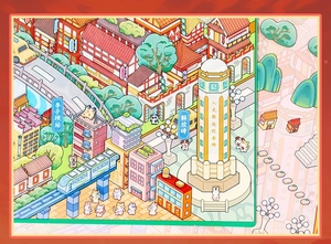 3D miniature sticker detail of Chongqing landmarks with cute cartoon cats and rabbits